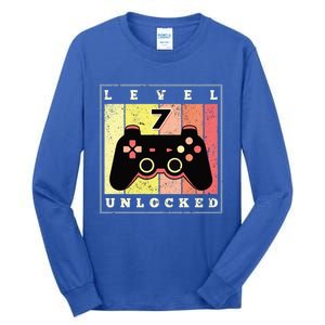 Level 7 Unlocked Funny Gamer 7th Birthday Retro Gaming Gift Tall Long Sleeve T-Shirt