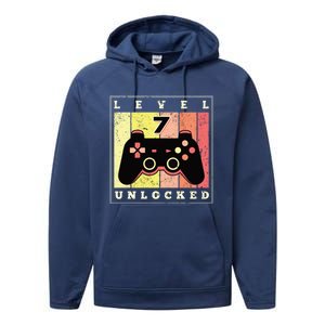 Level 7 Unlocked Funny Gamer 7th Birthday Retro Gaming Gift Performance Fleece Hoodie