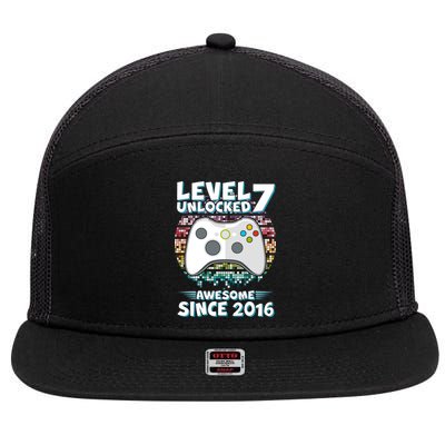 Level 7 Unlocked Awesome Since 2016 Gamer Birthday 7 Panel Mesh Trucker Snapback Hat