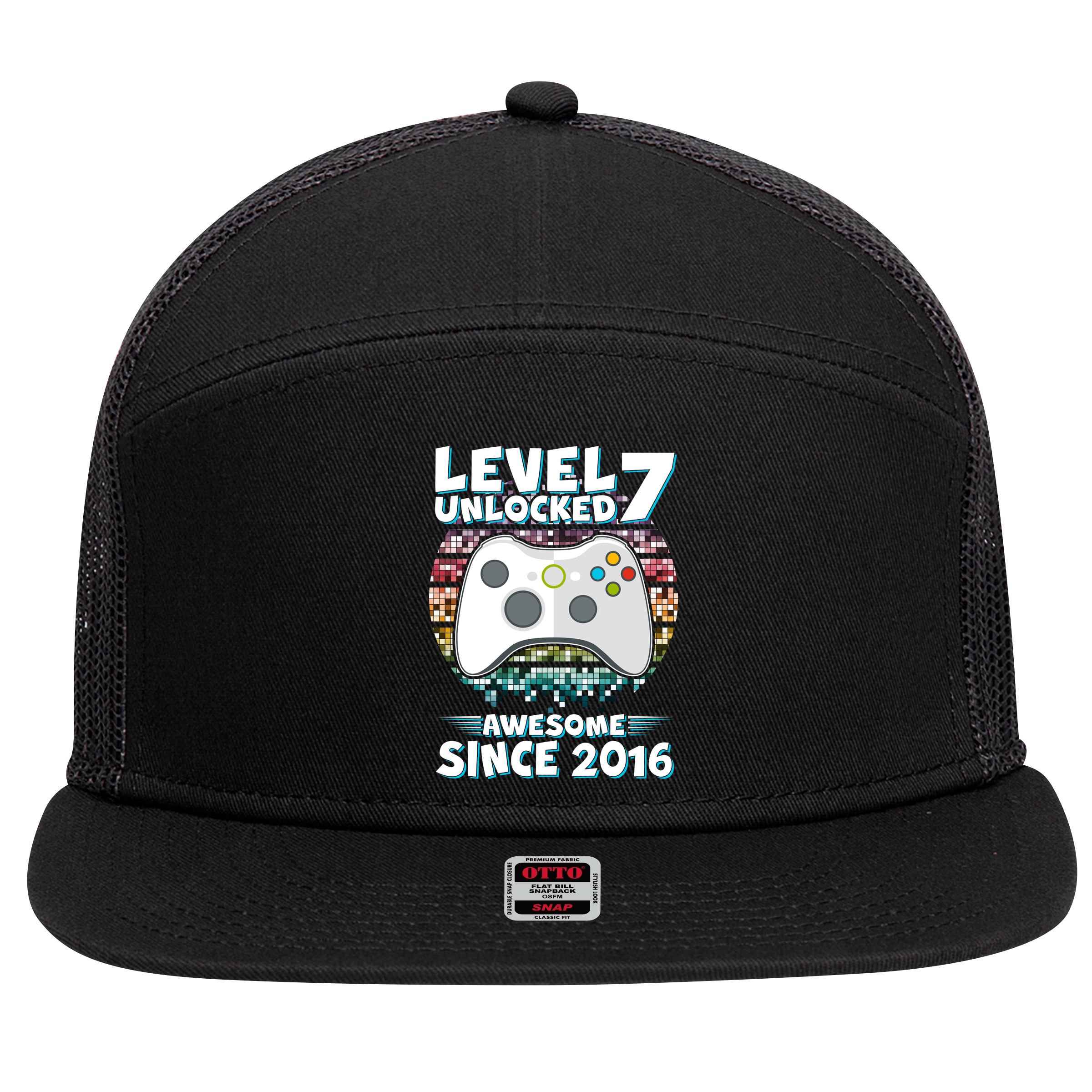 Level 7 Unlocked Awesome Since 2016 Gamer Birthday 7 Panel Mesh Trucker Snapback Hat