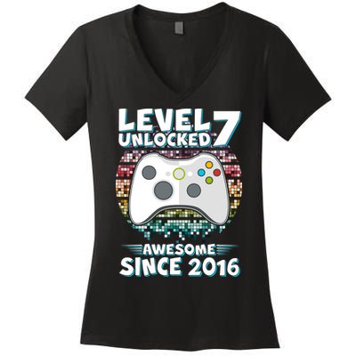 Level 7 Unlocked Awesome Since 2016 Gamer Birthday Women's V-Neck T-Shirt