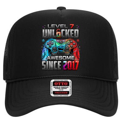 Level 7 Unlocked Awesome Since 2017 Gaming High Crown Mesh Back Trucker Hat