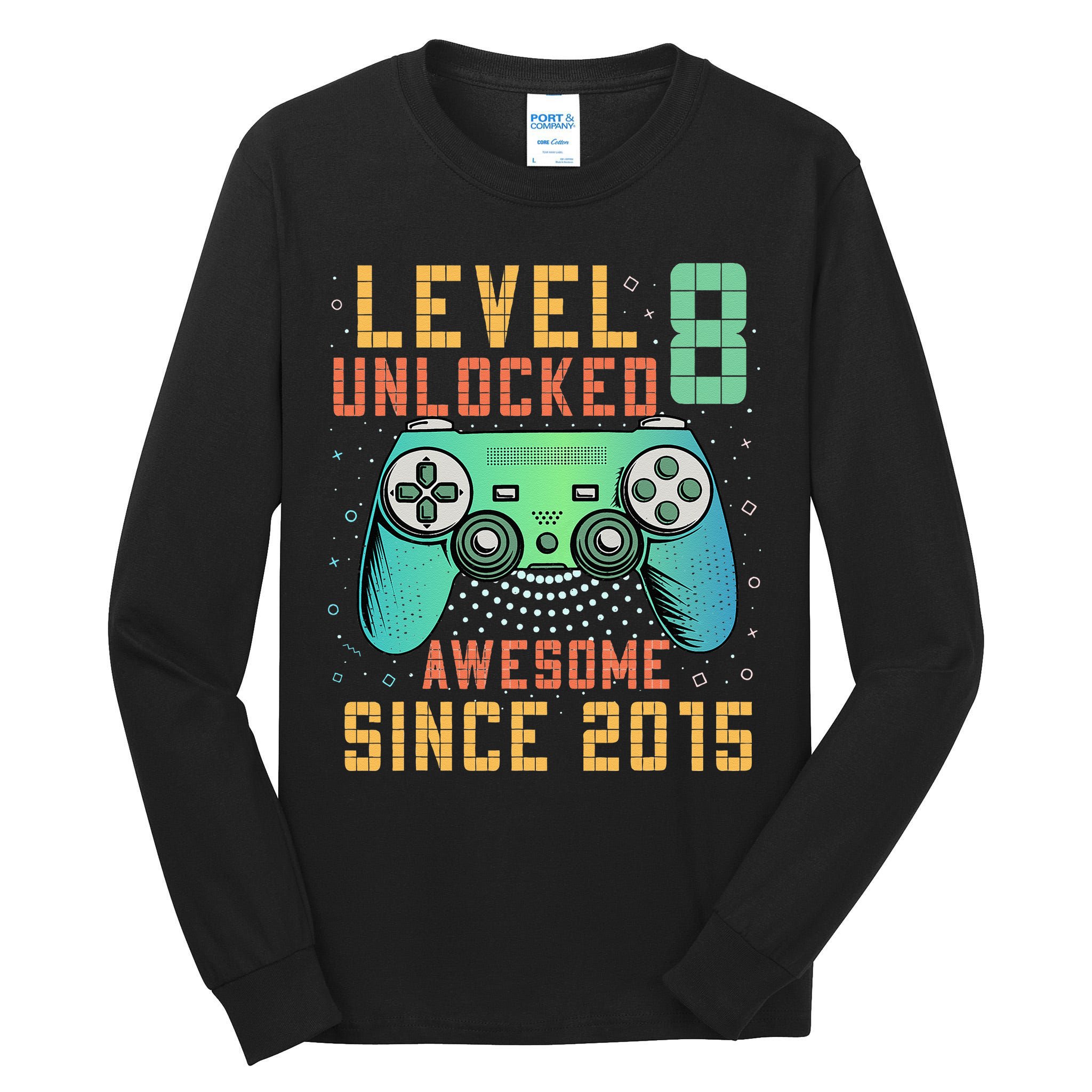 Level 8 Unlocked 8th Birthday 8 Year Old Boy Gifts Gamer Tall Long Sleeve T-Shirt