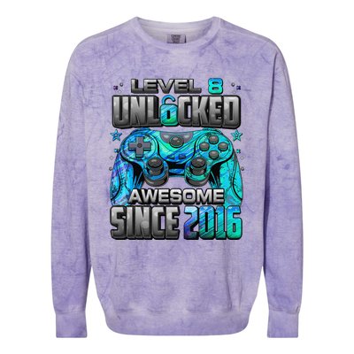 Level 8 Unlocked Awesome Since 2016 8th Birthday Gaming Colorblast Crewneck Sweatshirt