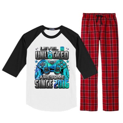 Level 8 Unlocked Awesome Since 2016 8th Birthday Gaming Raglan Sleeve Pajama Set