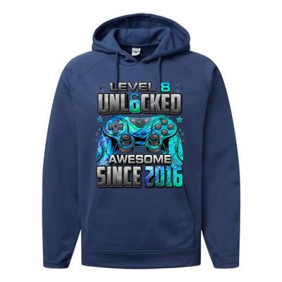 Level 8 Unlocked Awesome Since 2016 8th Birthday Gaming Performance Fleece Hoodie