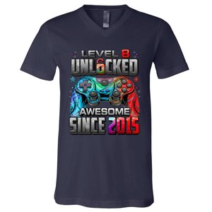 Level 8 Unlocked Awesome Since 2015 8th Birthday Gaming V-Neck T-Shirt