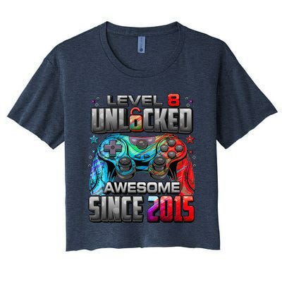 Level 8 Unlocked Awesome Since 2015 8th Birthday Gaming Women's Crop Top Tee