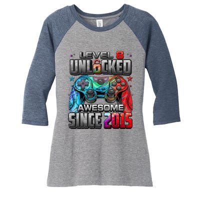 Level 8 Unlocked Awesome Since 2015 8th Birthday Gaming Women's Tri-Blend 3/4-Sleeve Raglan Shirt