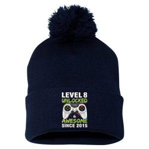 Level 8 Unlocked Awesome Since 2015 8th Birthday Gaming Pom Pom 12in Knit Beanie