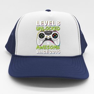 Level 8 Unlocked Awesome Since 2015 8th Birthday Gaming Trucker Hat