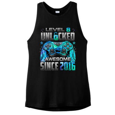 Level 8 Unlocked Awesome Since 2016 8th Birthday Ladies PosiCharge Tri-Blend Wicking Tank