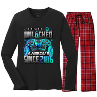 Level 8 Unlocked Awesome Since 2016 8th Birthday Women's Long Sleeve Flannel Pajama Set 