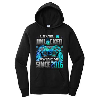 Level 8 Unlocked Awesome Since 2016 8th Birthday Women's Pullover Hoodie