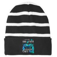 Level 8 Unlocked Awesome Since 2016 8th Birthday Striped Beanie with Solid Band