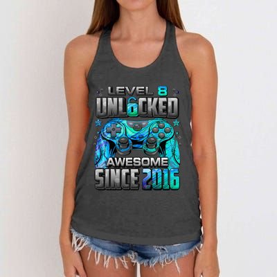 Level 8 Unlocked Awesome Since 2016 8th Birthday Women's Knotted Racerback Tank