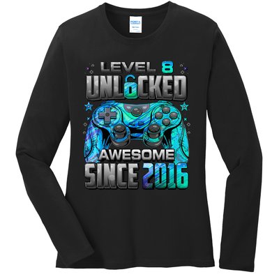 Level 8 Unlocked Awesome Since 2016 8th Birthday Ladies Long Sleeve Shirt