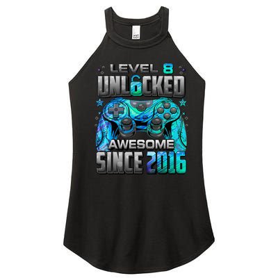 Level 8 Unlocked Awesome Since 2016 8th Birthday Women’s Perfect Tri Rocker Tank