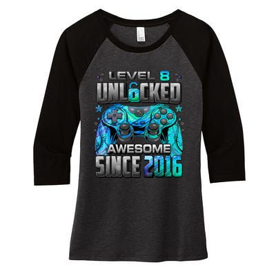 Level 8 Unlocked Awesome Since 2016 8th Birthday Women's Tri-Blend 3/4-Sleeve Raglan Shirt