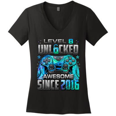 Level 8 Unlocked Awesome Since 2016 8th Birthday Women's V-Neck T-Shirt