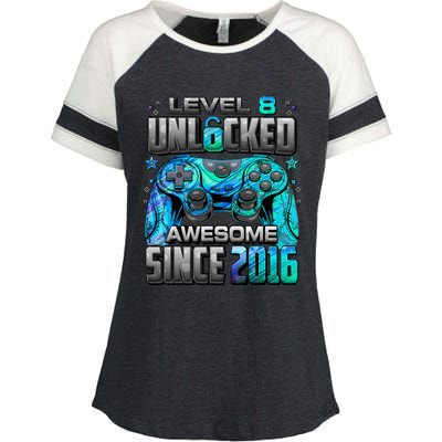 Level 8 Unlocked Awesome Since 2016 8th Birthday Enza Ladies Jersey Colorblock Tee