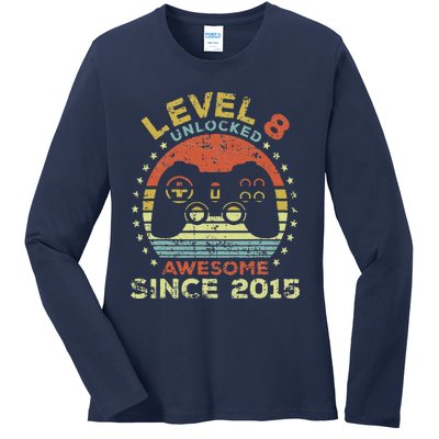 Level 8 Unlocked Awesome Since 2015 8th Birthday Gaming Cute Ladies Long Sleeve Shirt