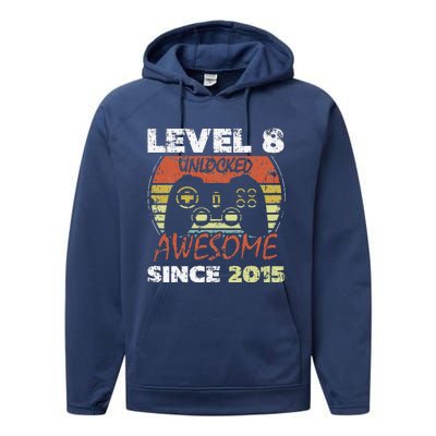 Level 8 Unlocked Awesome Since 2015 8th Birthday Gaming Performance Fleece Hoodie