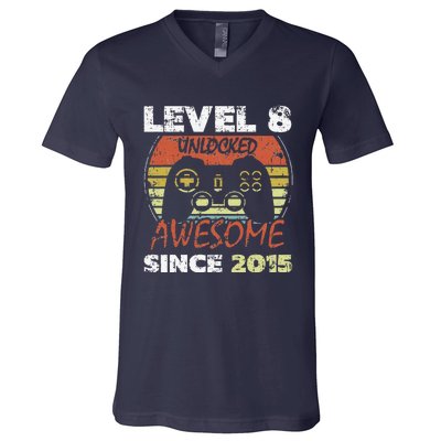 Level 8 Unlocked Awesome Since 2015 8th Birthday Gaming V-Neck T-Shirt