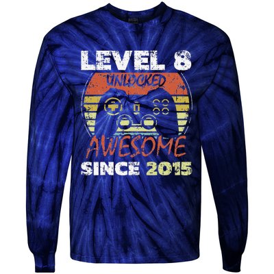 Level 8 Unlocked Awesome Since 2015 8th Birthday Gaming Tie-Dye Long Sleeve Shirt