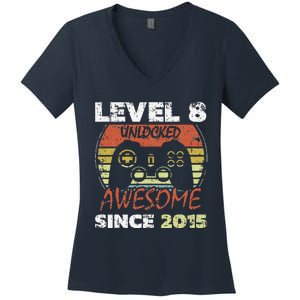 Level 8 Unlocked Awesome Since 2015 8th Birthday Gaming Women's V-Neck T-Shirt