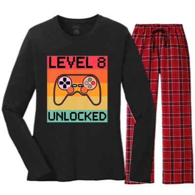 Level 8 Unlocked Video Gamer 8th Birthday Gaming Gift Women's Long Sleeve Flannel Pajama Set 