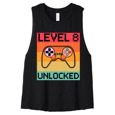 Level 8 Unlocked Video Gamer 8th Birthday Gaming Gift Women's Racerback Cropped Tank