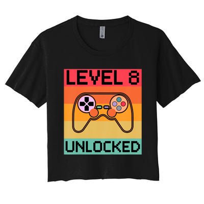 Level 8 Unlocked Video Gamer 8th Birthday Gaming Gift Women's Crop Top Tee