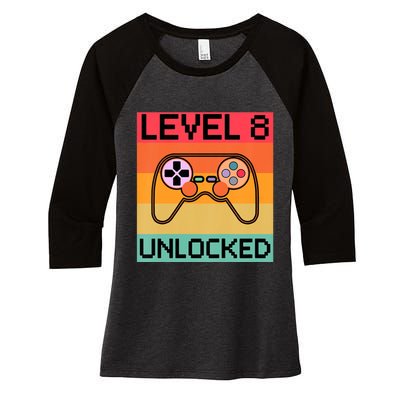 Level 8 Unlocked Video Gamer 8th Birthday Gaming Gift Women's Tri-Blend 3/4-Sleeve Raglan Shirt