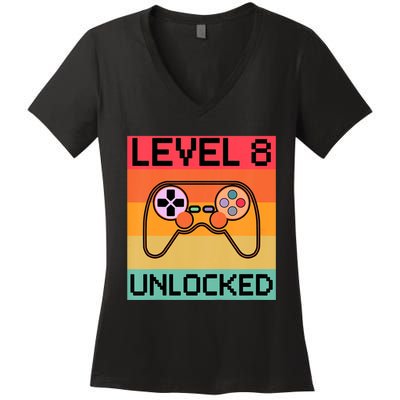 Level 8 Unlocked Video Gamer 8th Birthday Gaming Gift Women's V-Neck T-Shirt