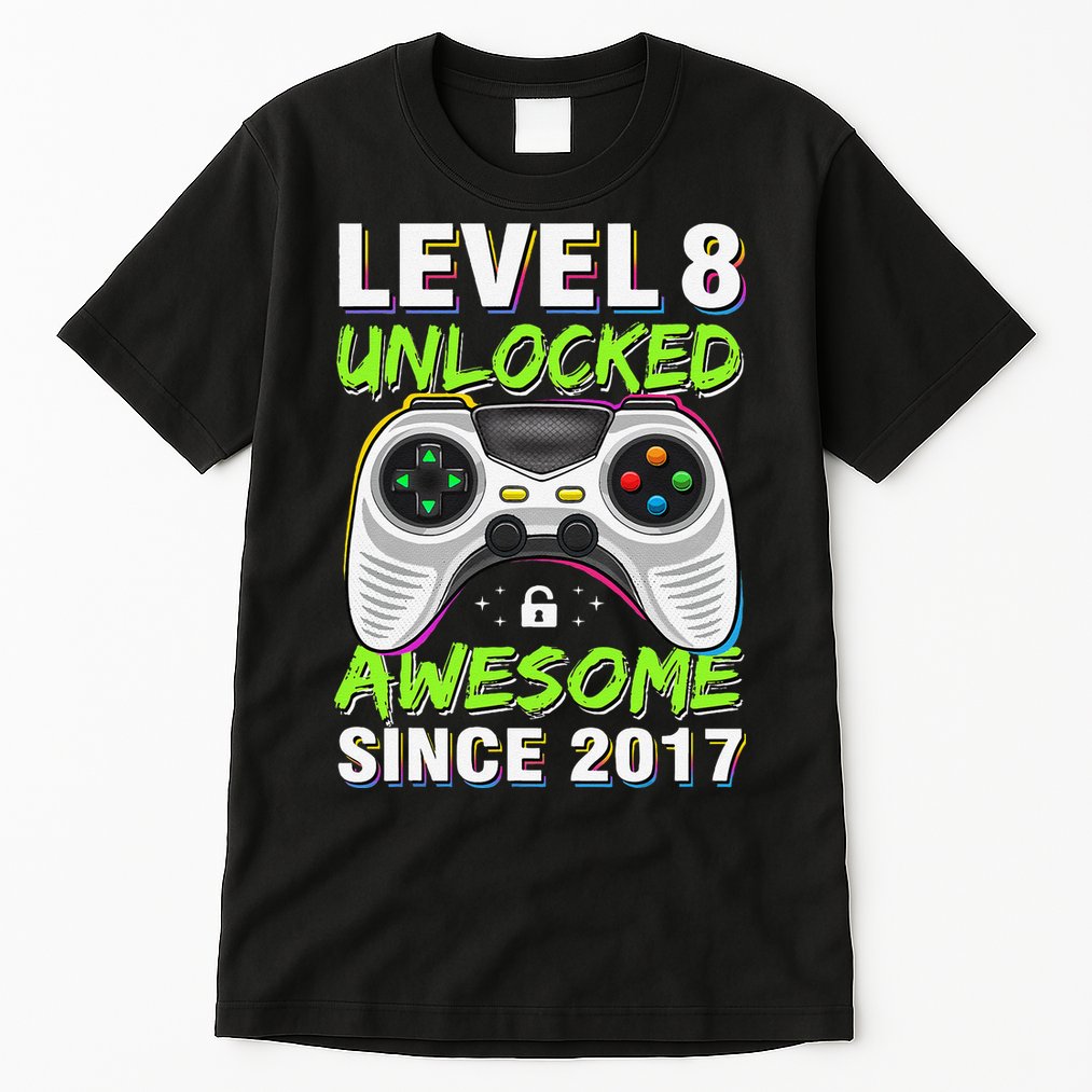 Level 8 Unlocked Awesome Since 2017 8th Birthday Gaming Gift Tall T-Shirt