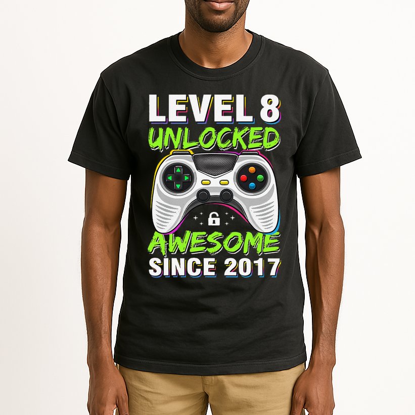 Level 8 Unlocked Awesome Since 2017 8th Birthday Gaming Gift Tall T-Shirt