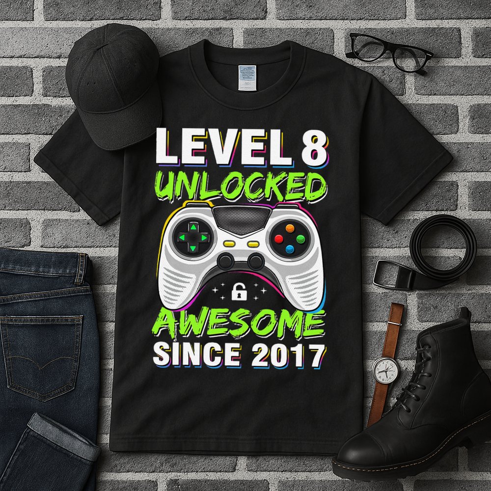 Level 8 Unlocked Awesome Since 2017 8th Birthday Gaming Gift Tall T-Shirt