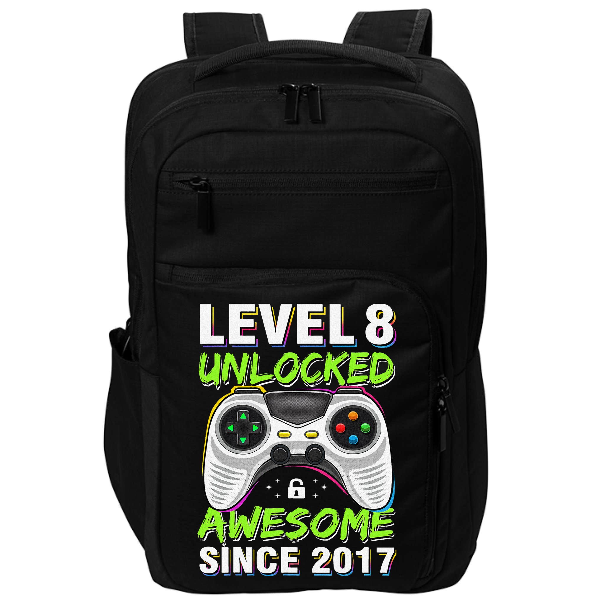 Level 8 Unlocked Awesome Since 2017 8th Birthday Gaming Gift Impact Tech Backpack