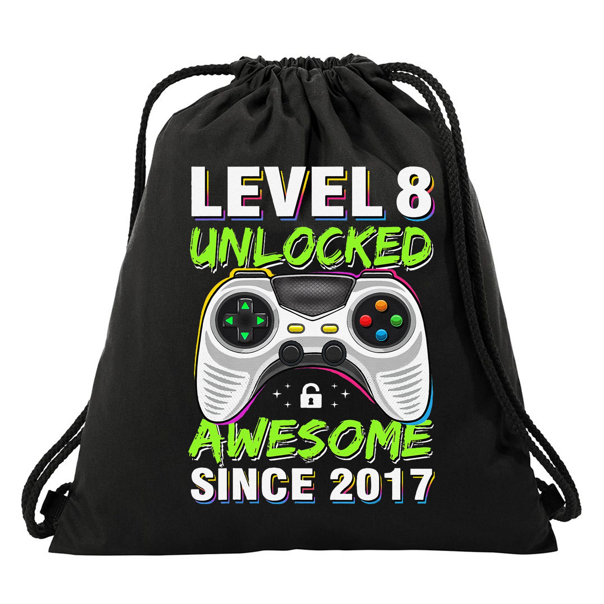 Level 8 Unlocked Awesome Since 2017 8th Birthday Gaming Gift Drawstring Bag