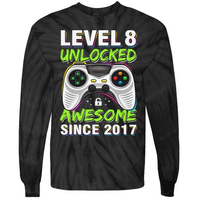 Level 8 Unlocked Awesome Since 2017 8th Birthday Gaming Gift Tie-Dye Long Sleeve Shirt