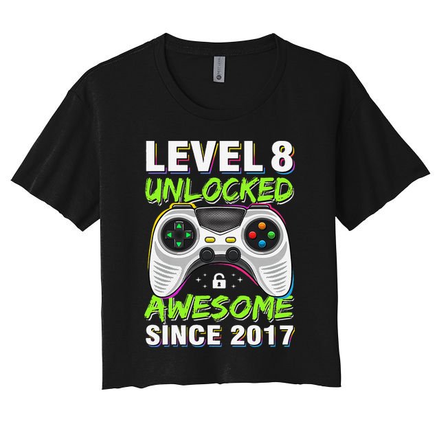 Level 8 Unlocked Awesome Since 2017 8th Birthday Gaming Gift Women's Crop Top Tee