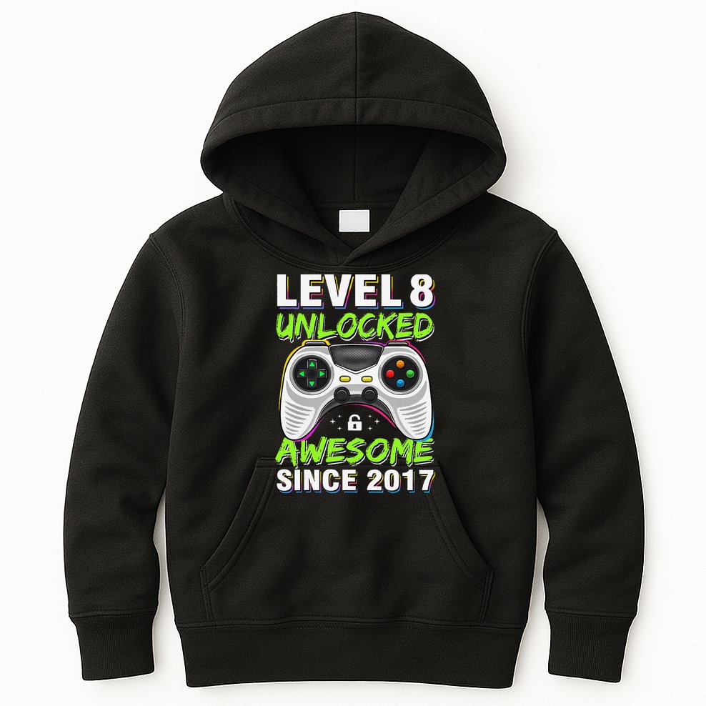 Level 8 Unlocked Awesome Since 2017 8th Birthday Gaming Gift Kids Hoodie