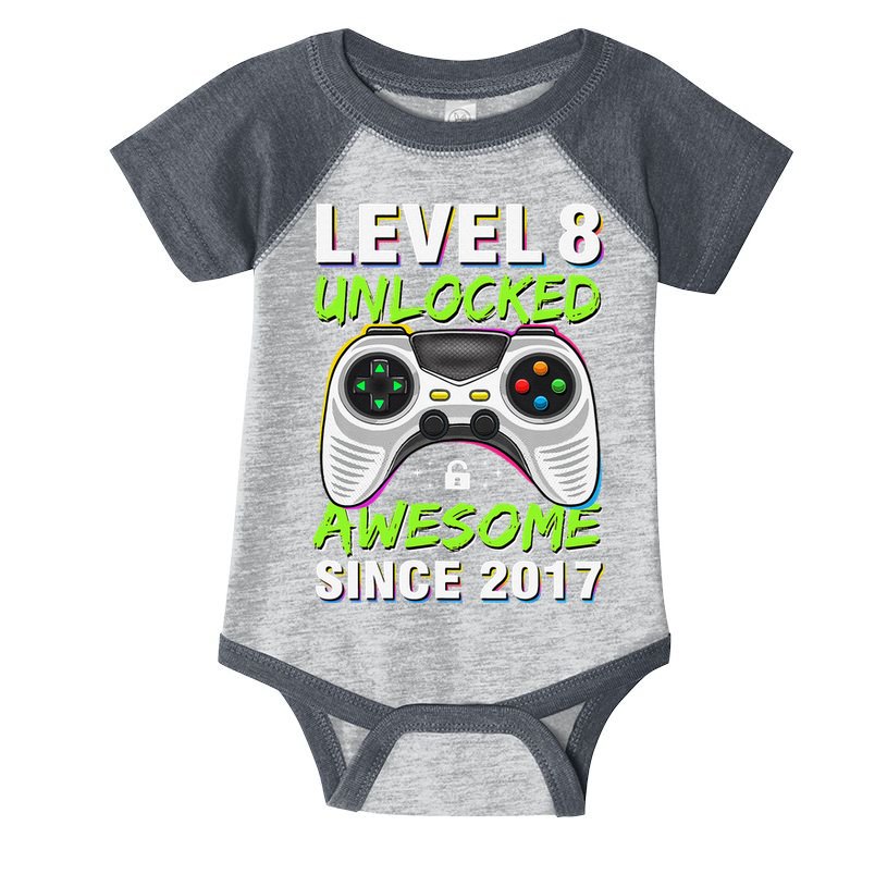 Level 8 Unlocked Awesome Since 2017 8th Birthday Gaming Gift Infant Baby Jersey Bodysuit