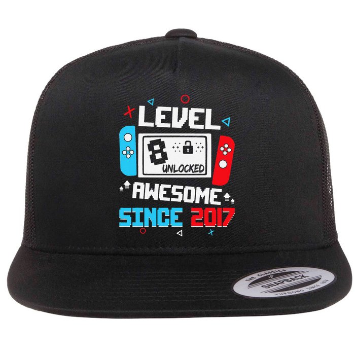 Level 8 Unlocked Awesome Since 2017 8th Birthday Flat Bill Trucker Hat