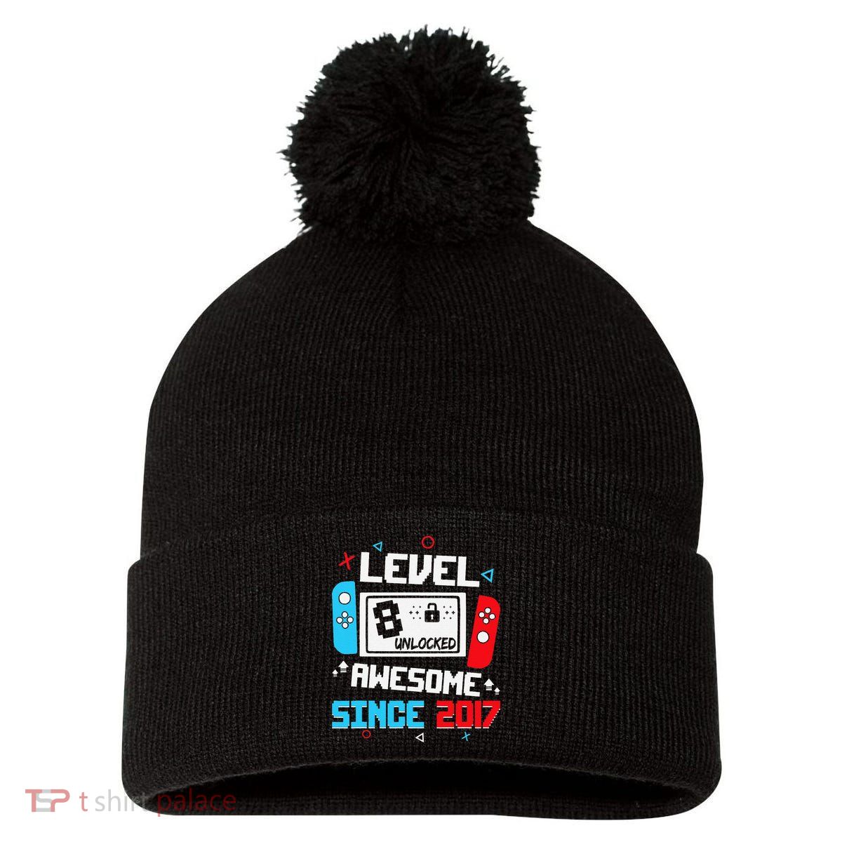 Level 8 Unlocked Awesome Since 2017 8th Birthday Pom Pom 12in Knit Beanie
