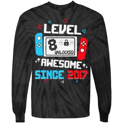 Level 8 Unlocked Awesome Since 2017 8th Birthday Tie-Dye Long Sleeve Shirt