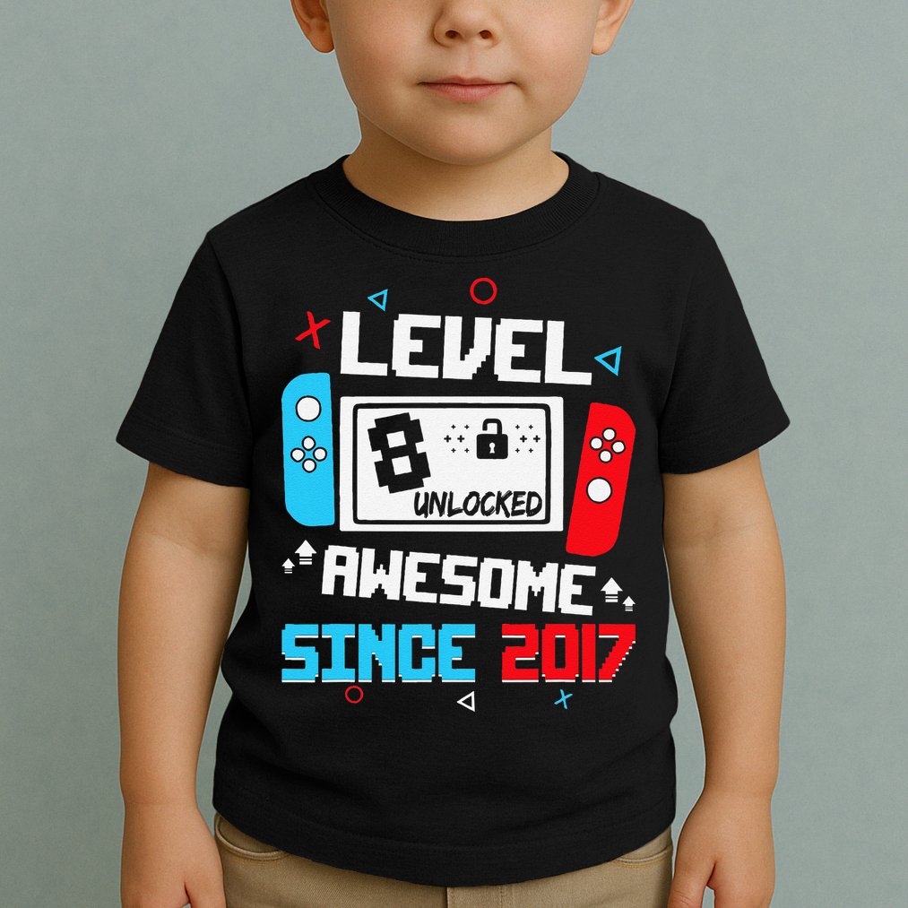 Level 8 Unlocked Awesome Since 2017 8th Birthday Toddler T-Shirt