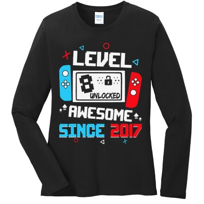 Level 8 Unlocked Awesome Since 2017 8th Birthday Ladies Long Sleeve Shirt