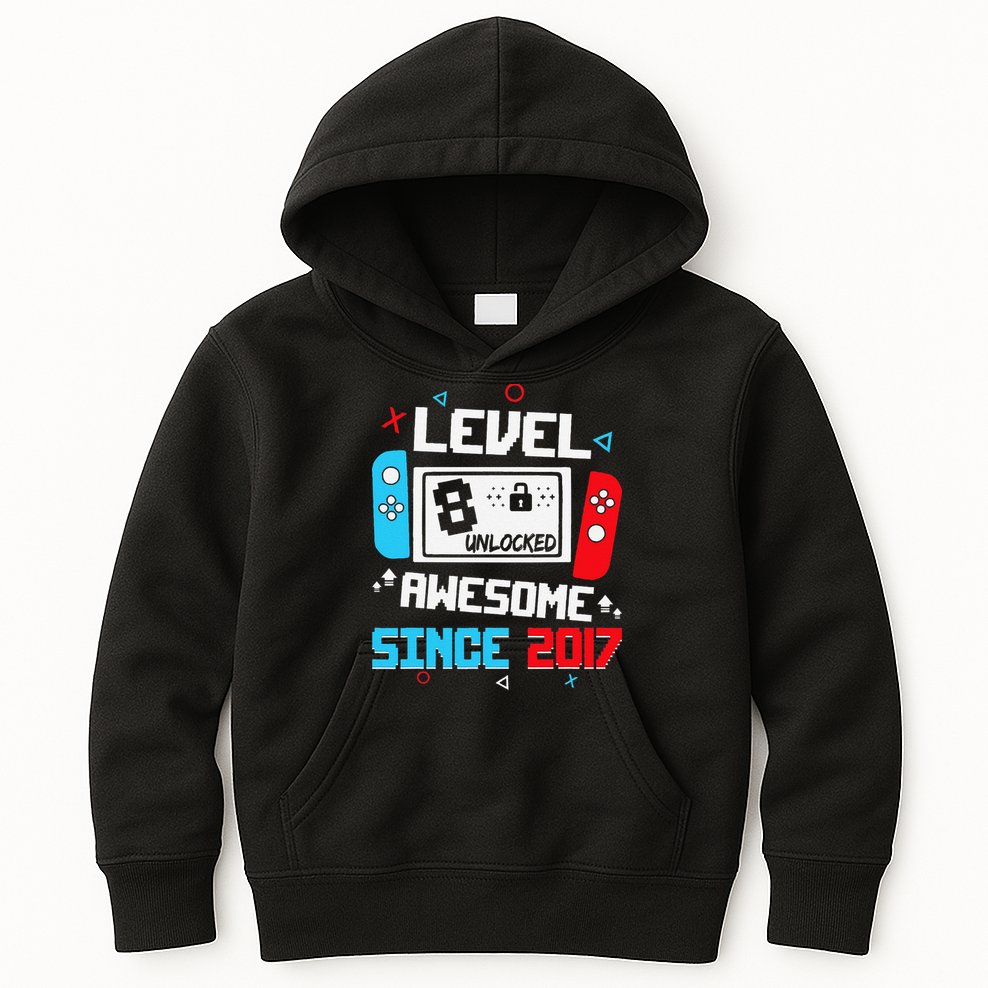 Level 8 Unlocked Awesome Since 2017 8th Birthday Kids Hoodie